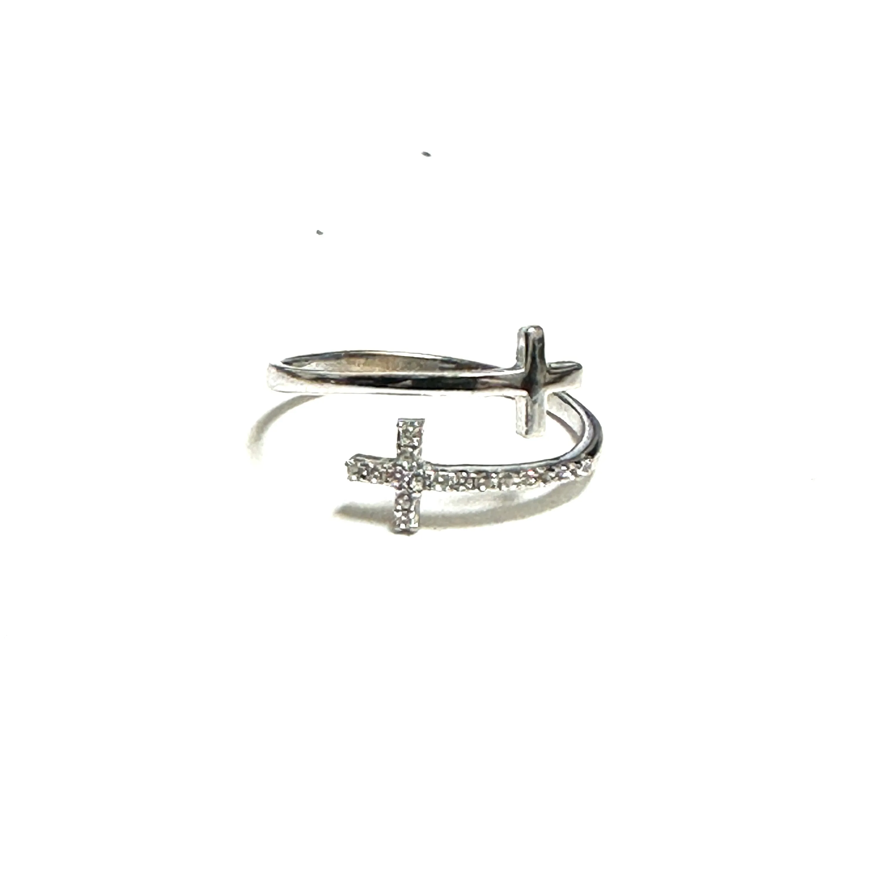 10K White Gold CZ Sideway Cross Adjustable Ring