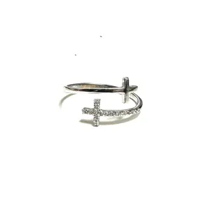 10K White Gold CZ Sideway Cross Adjustable Ring