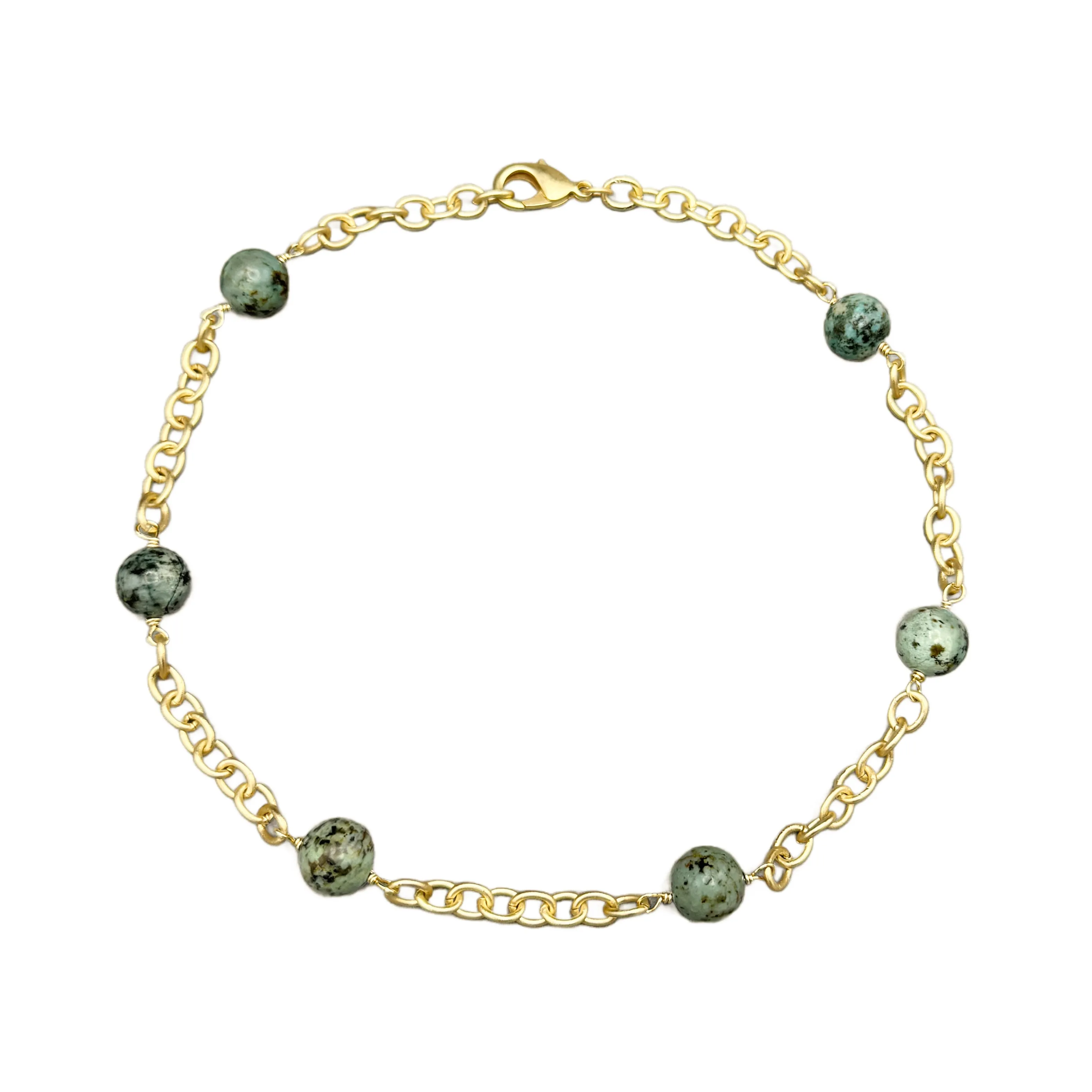 139-TURQ-G-SHORT | AFRICAN TURQUOISE BEADS ON GOLD LINK CHAIN 18"