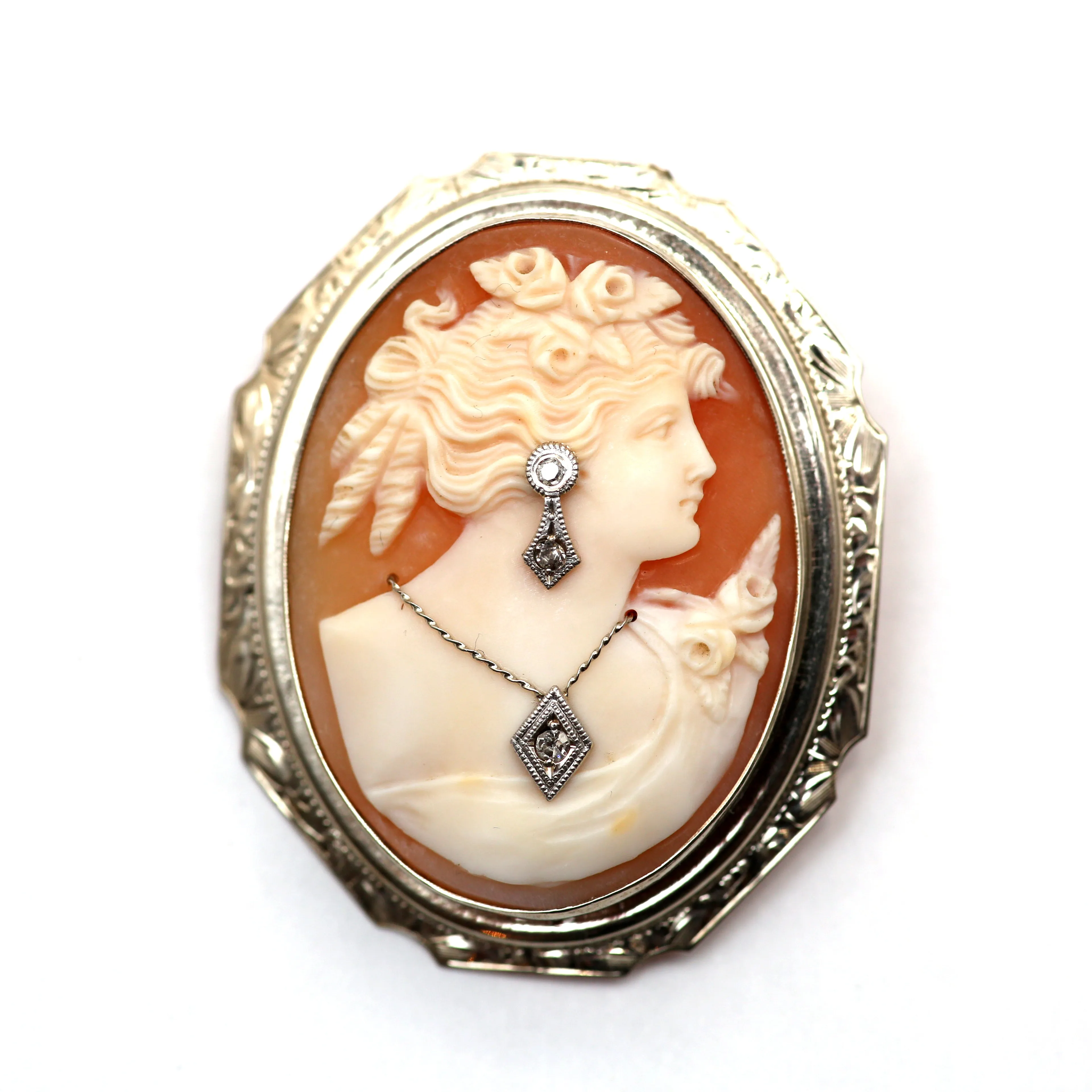 14k Giant Diamond Cameo Brooch