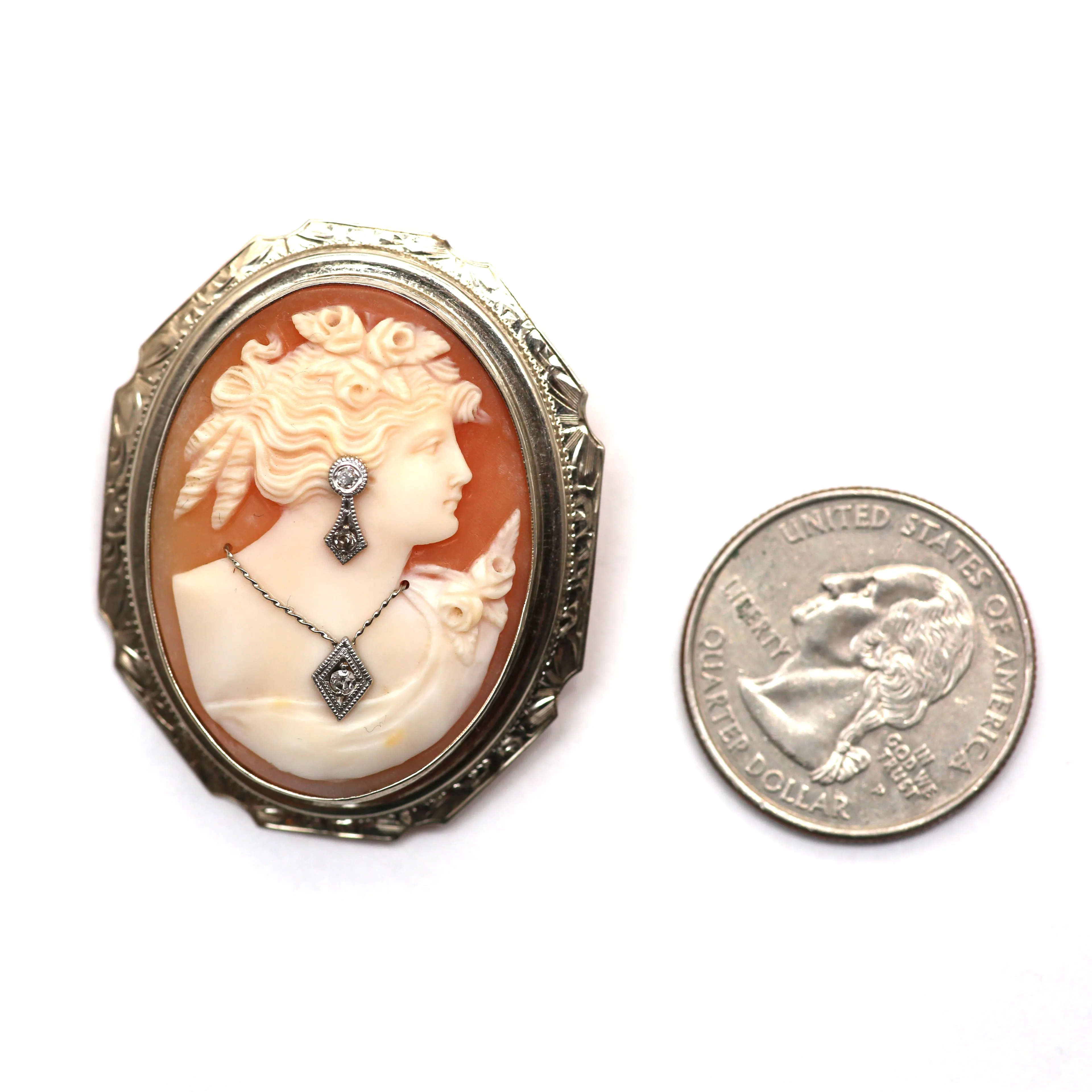 14k Giant Diamond Cameo Brooch