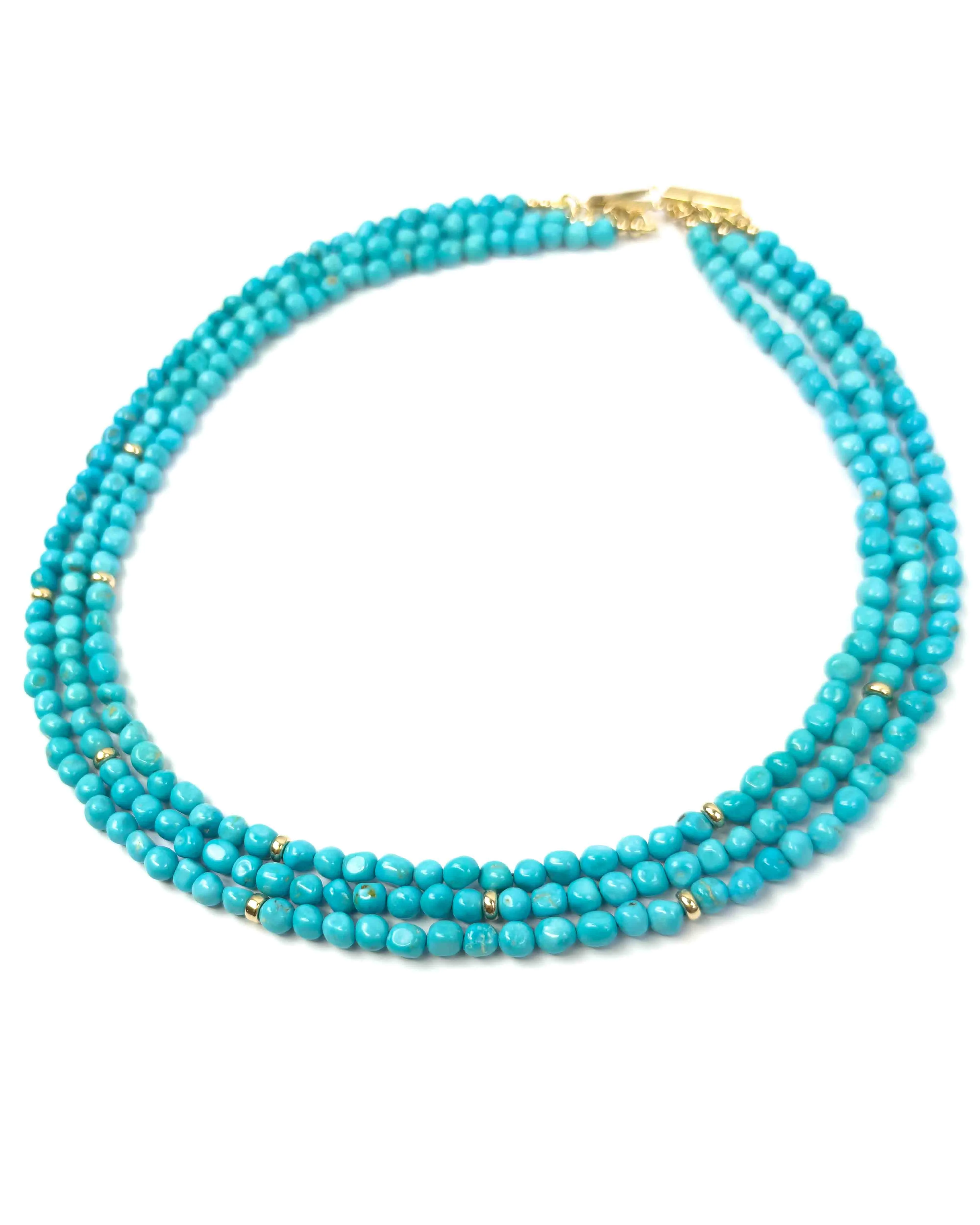 14k Natural Un-Dyed Sleeping Beauty Turquoise Triple Strand Necklace