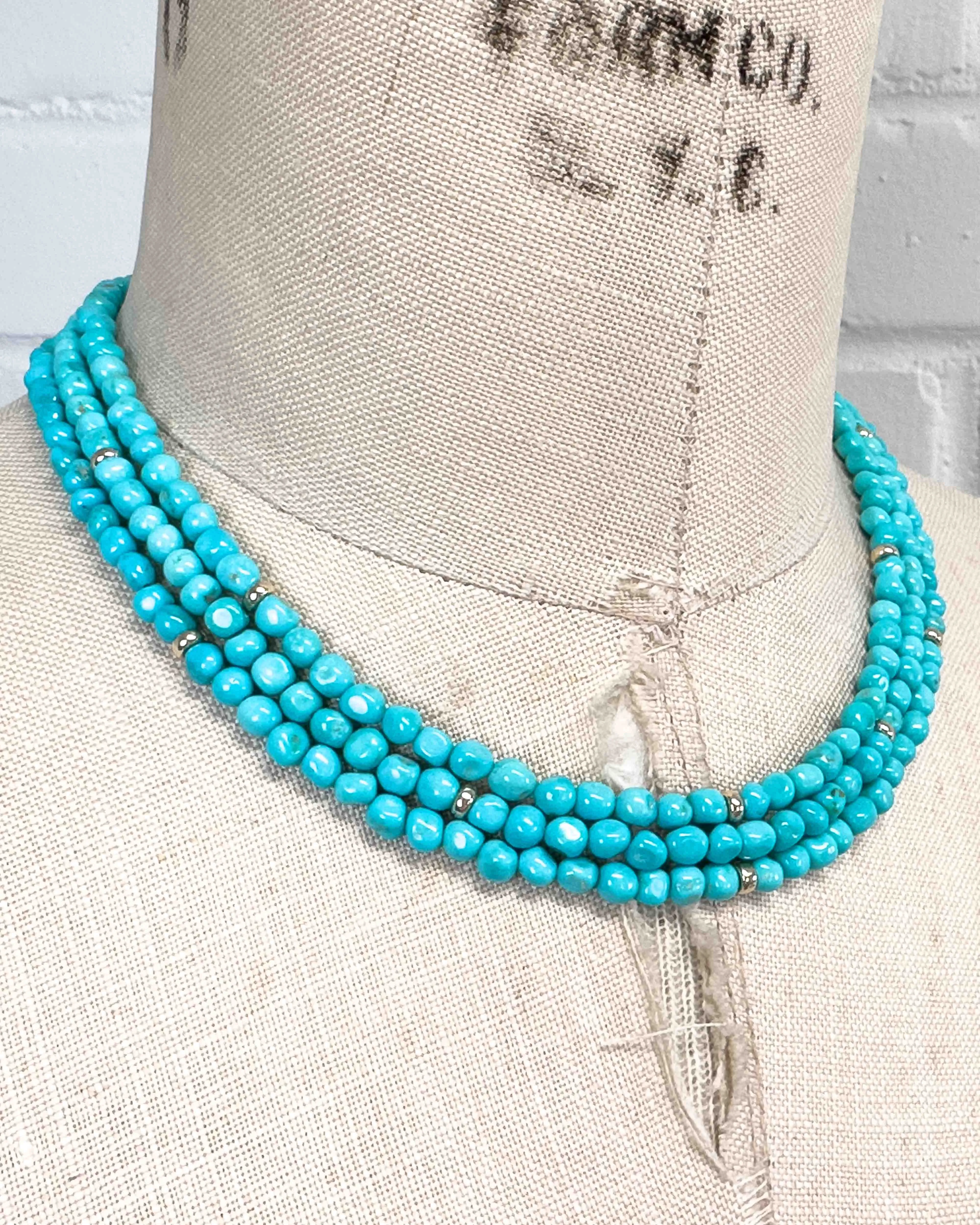 14k Natural Un-Dyed Sleeping Beauty Turquoise Triple Strand Necklace