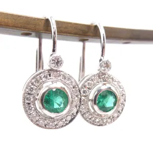14K White Gold Emerald and Diamond Halo Lever Back Drop Earrings