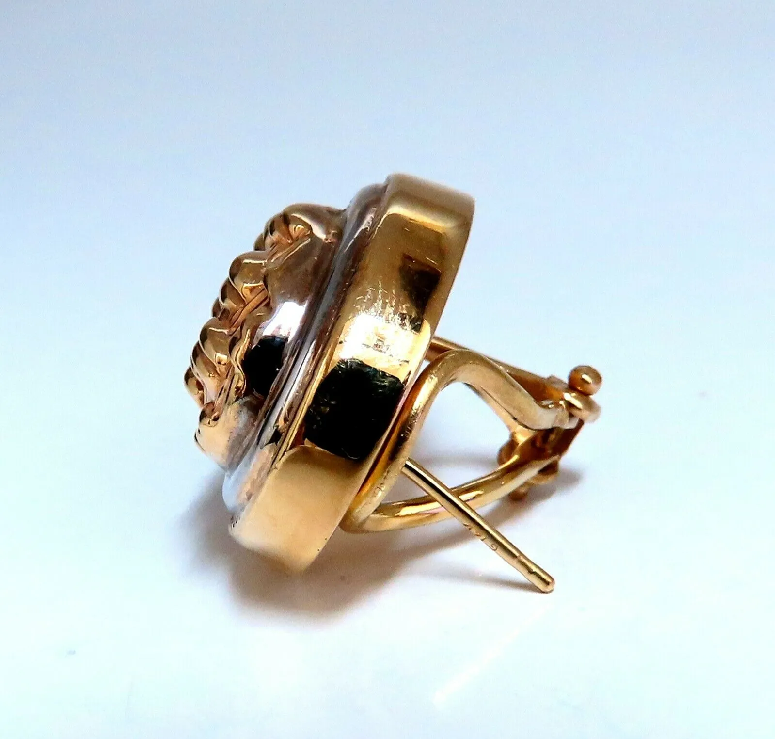 14kt Gold Cross Thread Deco Oval Frame Earrings Omega Clip