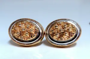 14kt Gold Cross Thread Deco Oval Frame Earrings Omega Clip
