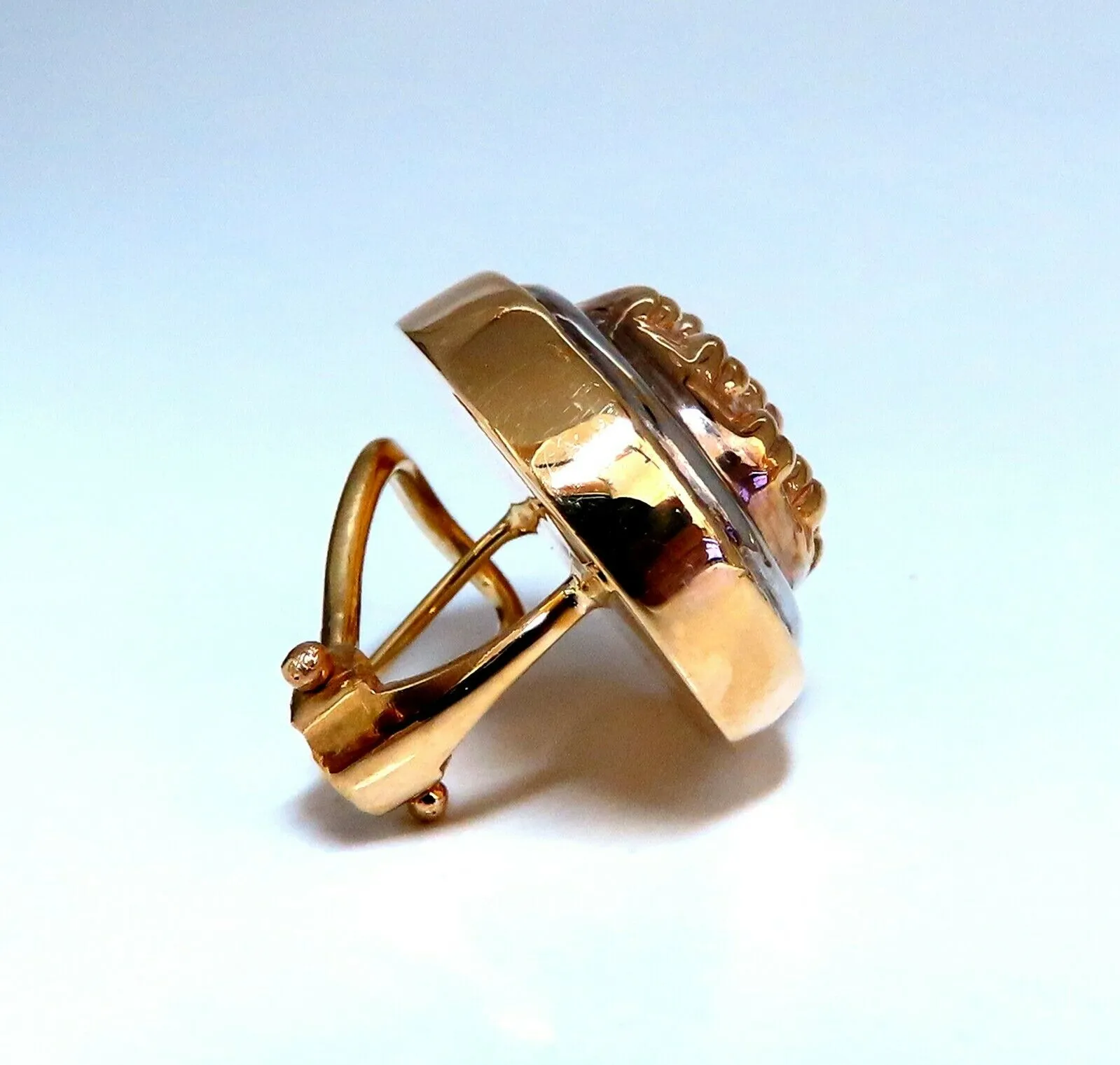 14kt Gold Cross Thread Deco Oval Frame Earrings Omega Clip