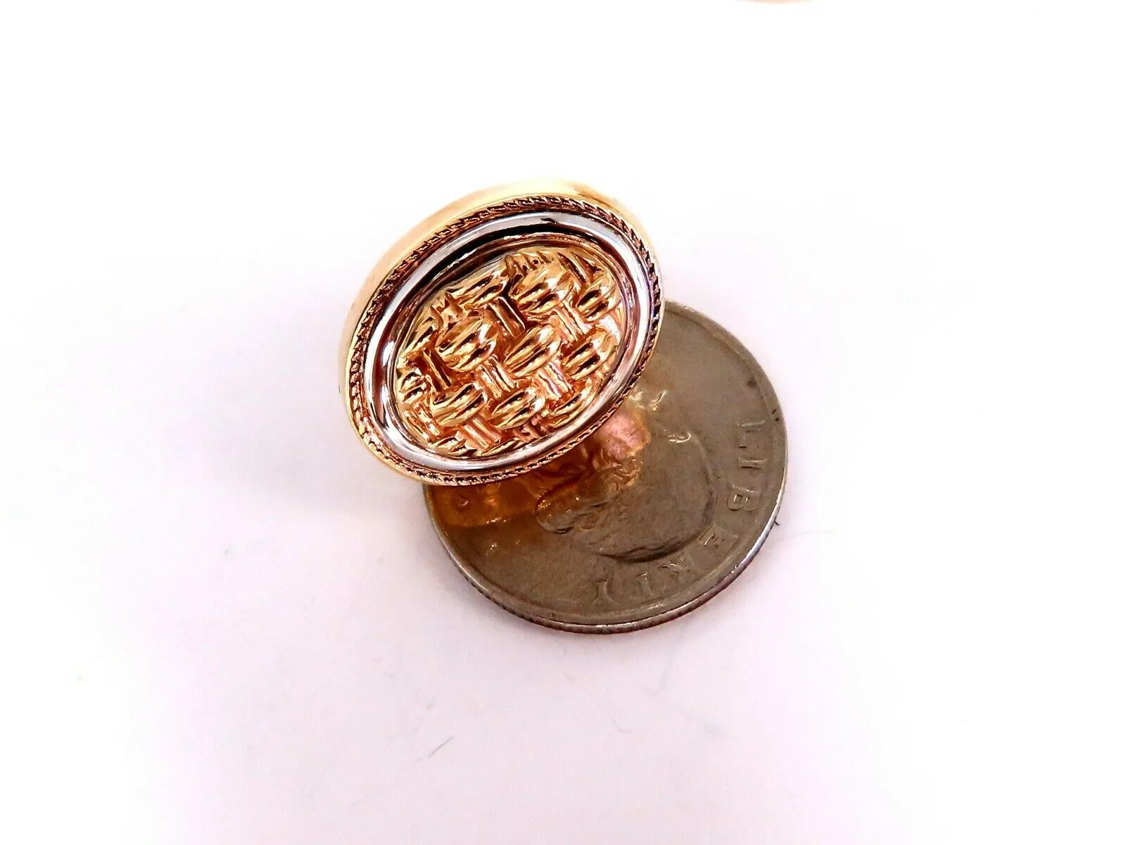 14kt Gold Cross Thread Deco Oval Frame Earrings Omega Clip