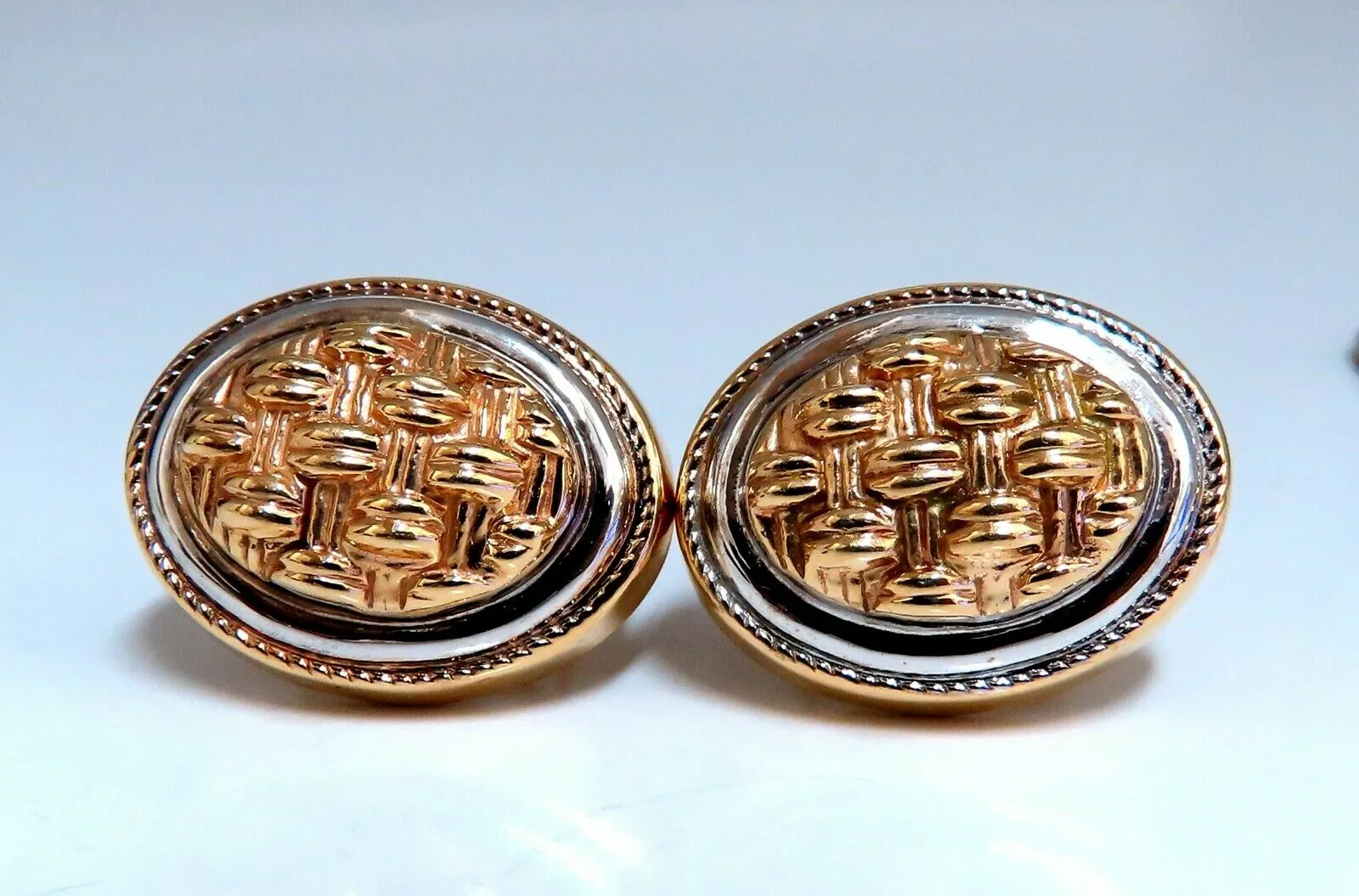 14kt Gold Cross Thread Deco Oval Frame Earrings Omega Clip