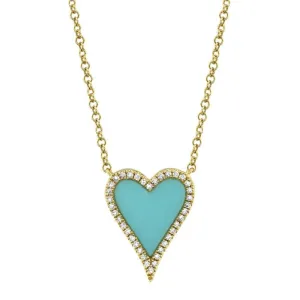 14kt Yellow Gold Turquoise Heart Necklace with Diamond Border, 0.09TCW
