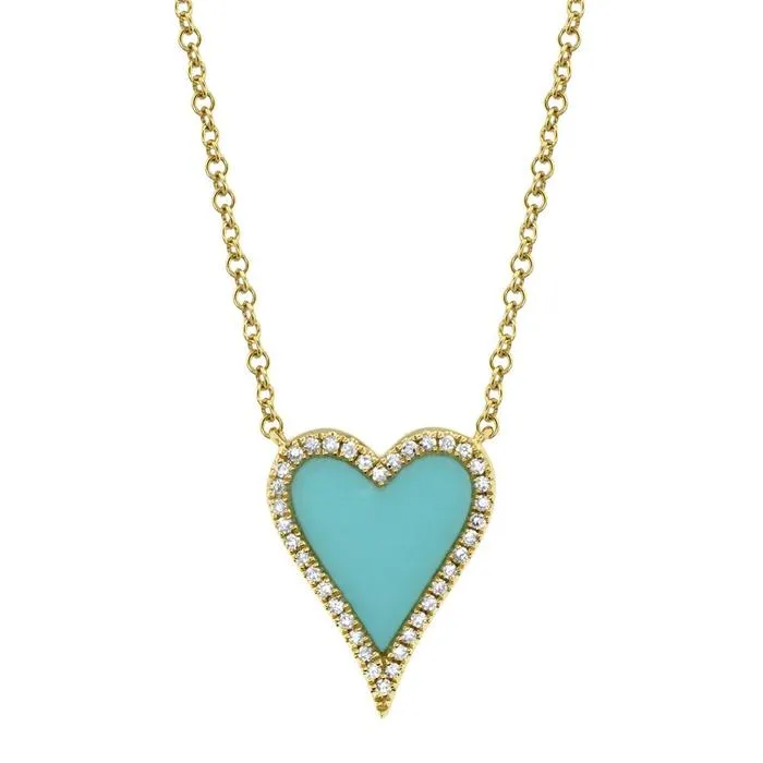 14kt Yellow Gold Turquoise Heart Necklace with Diamond Border, 0.09TCW
