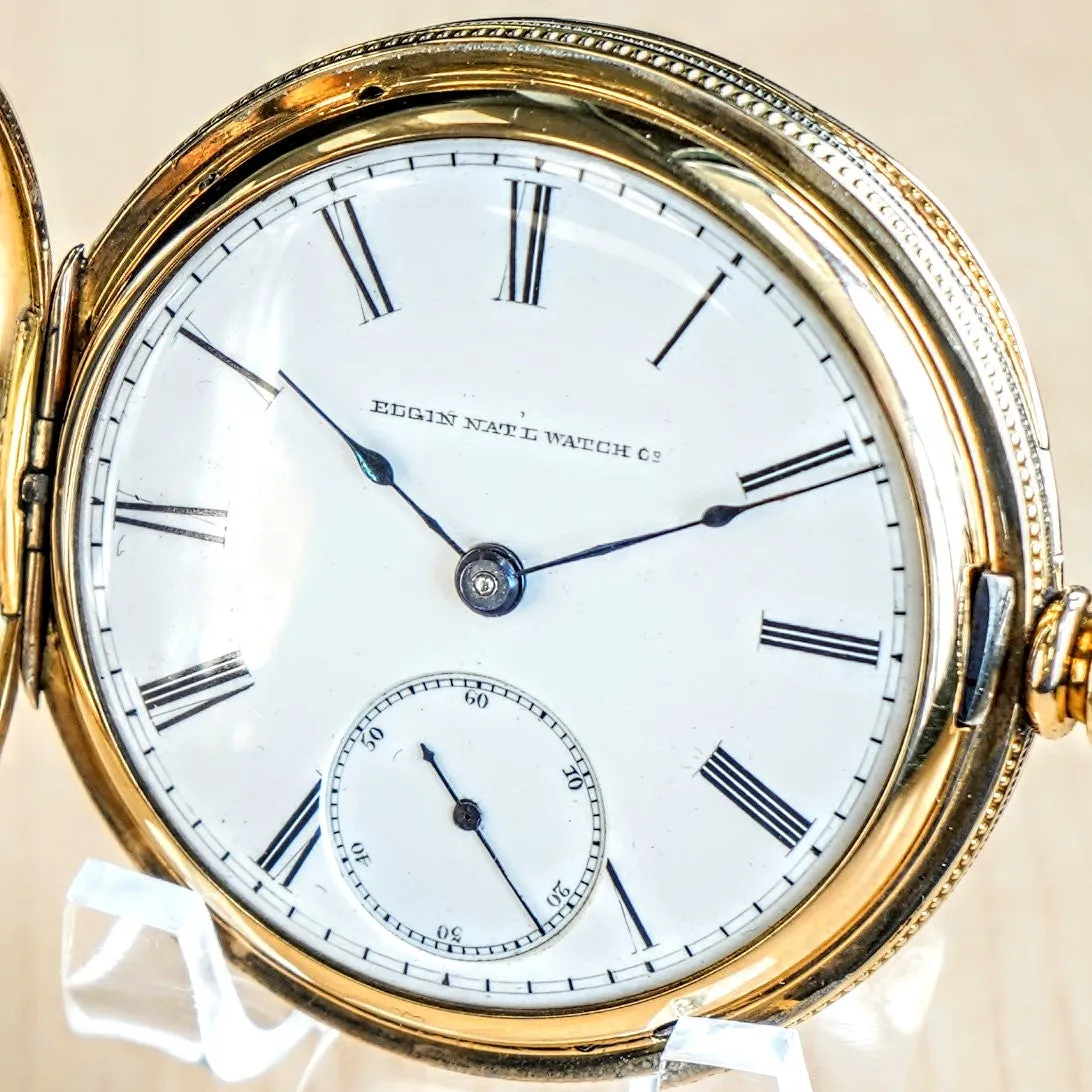 1887 ELGIN Pocket Watch 18s 11 Jewels Grade 10 GF Engraved Hunter Case - Roman Numerals