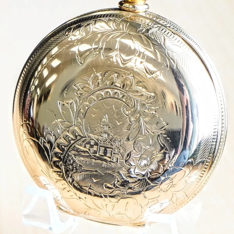 1887 ELGIN Pocket Watch 18s 11 Jewels Grade 10 GF Engraved Hunter Case - Roman Numerals