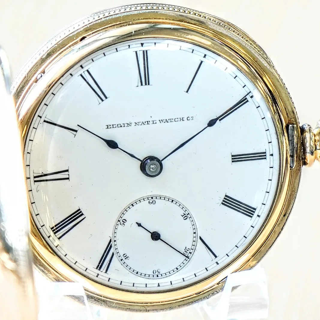 1887 ELGIN Pocket Watch 18s 11 Jewels Grade 10 GF Engraved Hunter Case - Roman Numerals