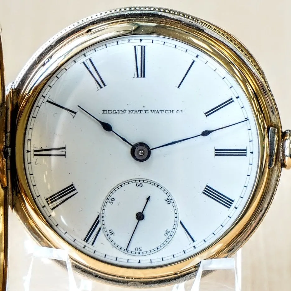 1887 ELGIN Pocket Watch 18s 11 Jewels Grade 10 GF Engraved Hunter Case - Roman Numerals