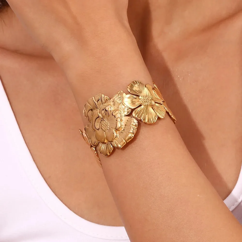 18k Floral Cuff Bangle Bracelets