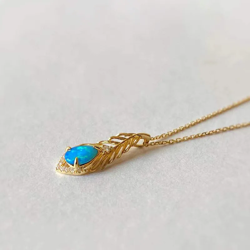 18K Gold 0.30ct Natural Opal 0.03ct Diamond Feather Shape Pendant Necklace 18"