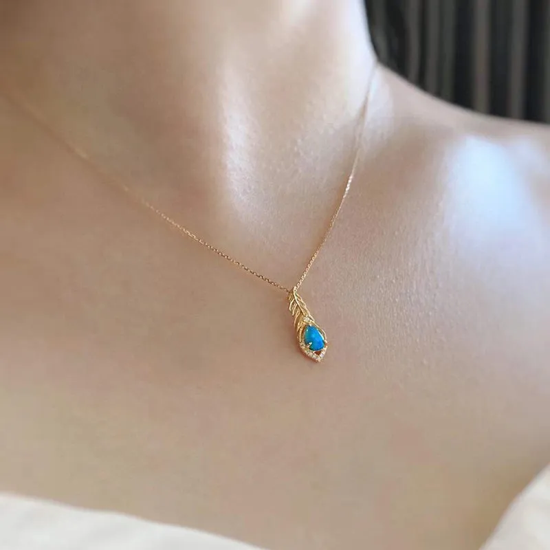 18K Gold 0.30ct Natural Opal 0.03ct Diamond Feather Shape Pendant Necklace 18"