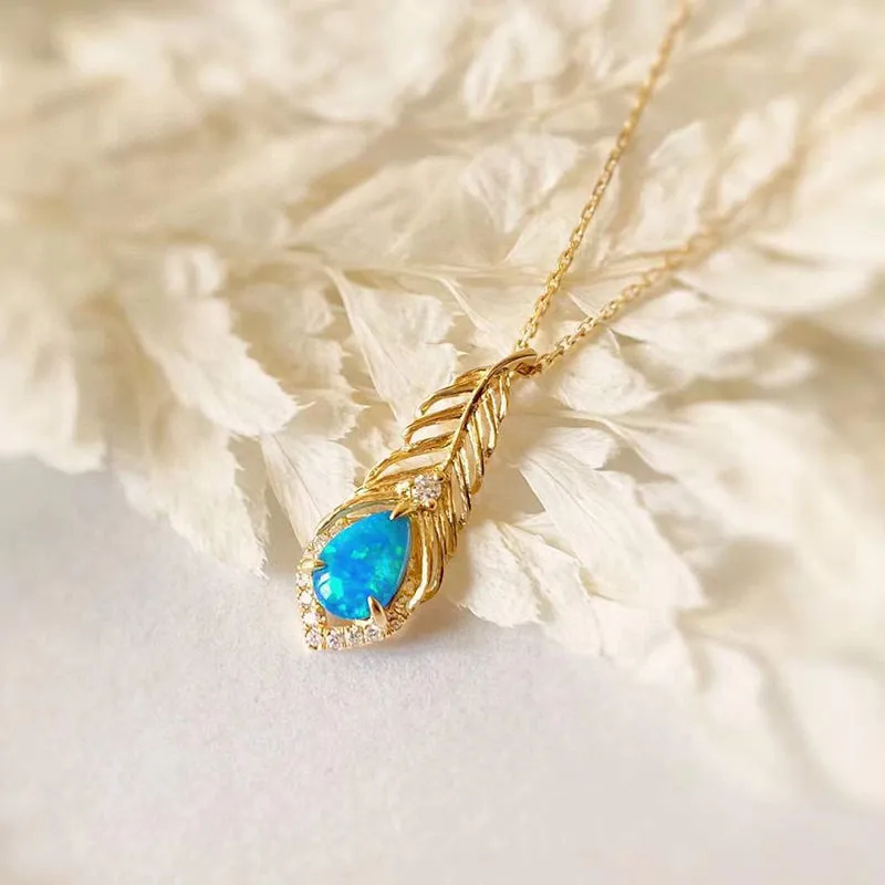 18K Gold 0.30ct Natural Opal 0.03ct Diamond Feather Shape Pendant Necklace 18"