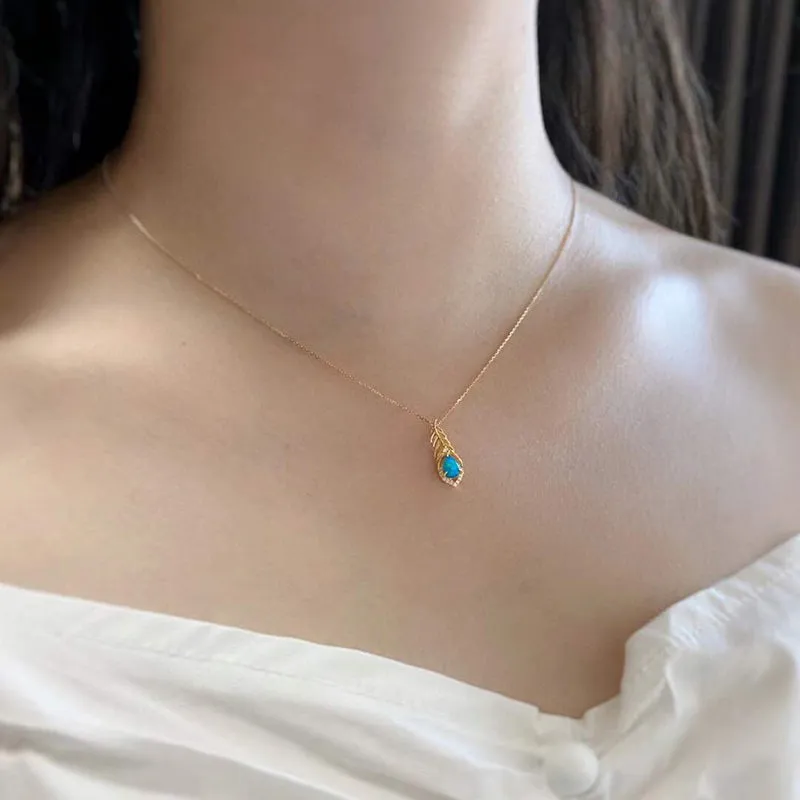 18K Gold 0.30ct Natural Opal 0.03ct Diamond Feather Shape Pendant Necklace 18"