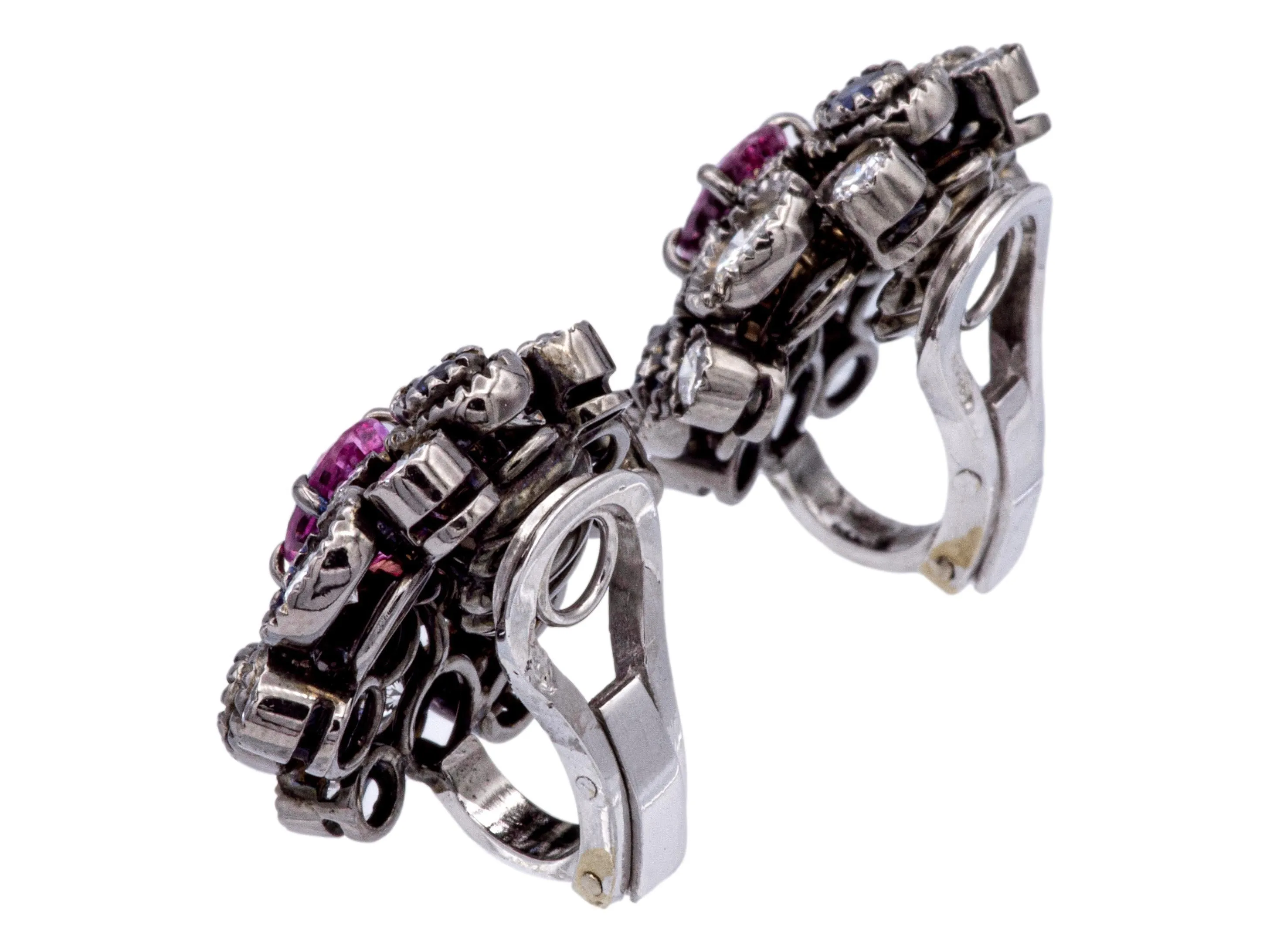 18K Gold Cluster Earrings w/ Pink & Blue Sapphires and Diamonds in Black Rhodium