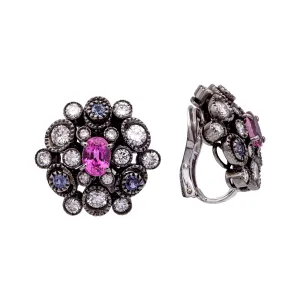 18K Gold Cluster Earrings w/ Pink & Blue Sapphires and Diamonds in Black Rhodium