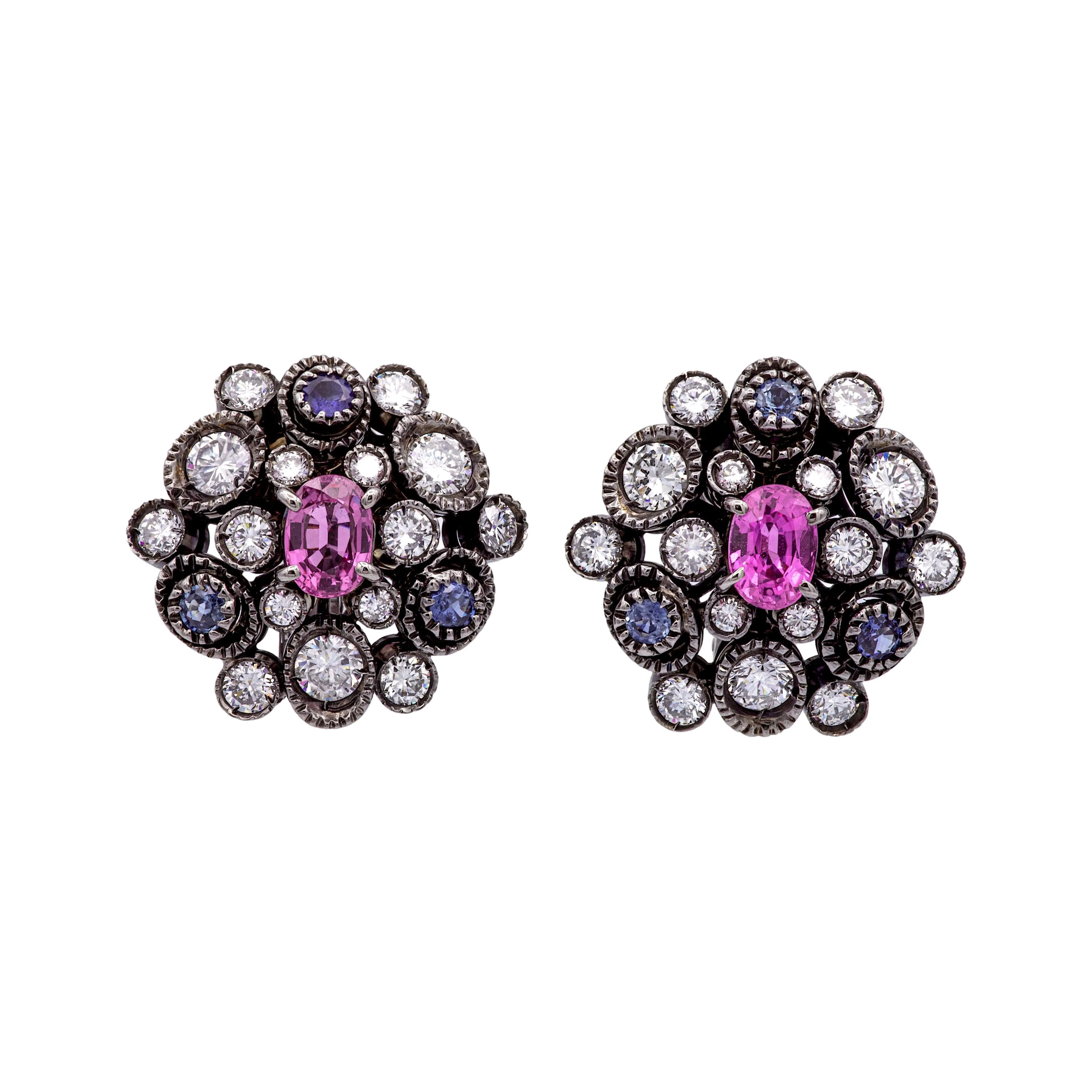 18K Gold Cluster Earrings w/ Pink & Blue Sapphires and Diamonds in Black Rhodium