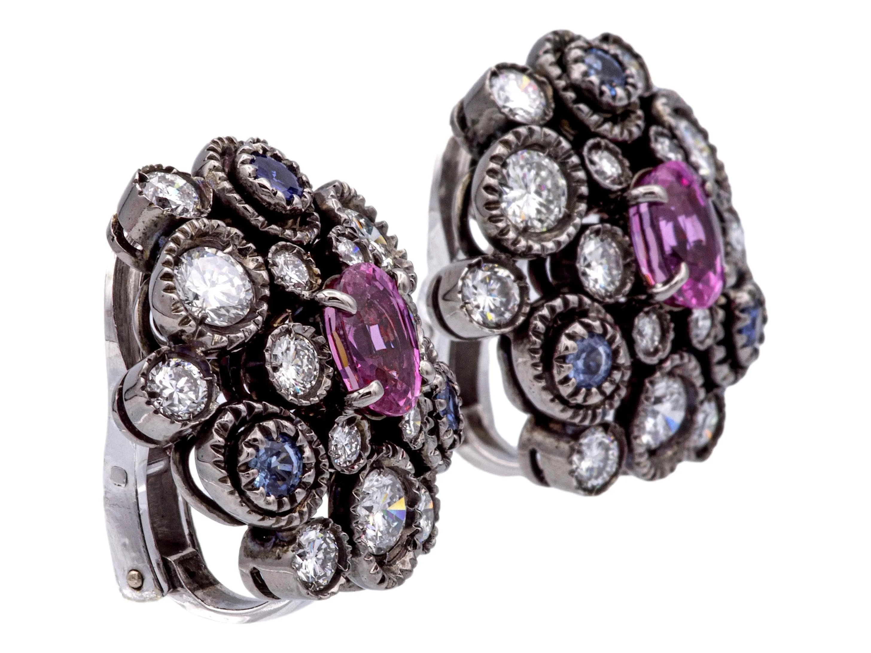 18K Gold Cluster Earrings w/ Pink & Blue Sapphires and Diamonds in Black Rhodium