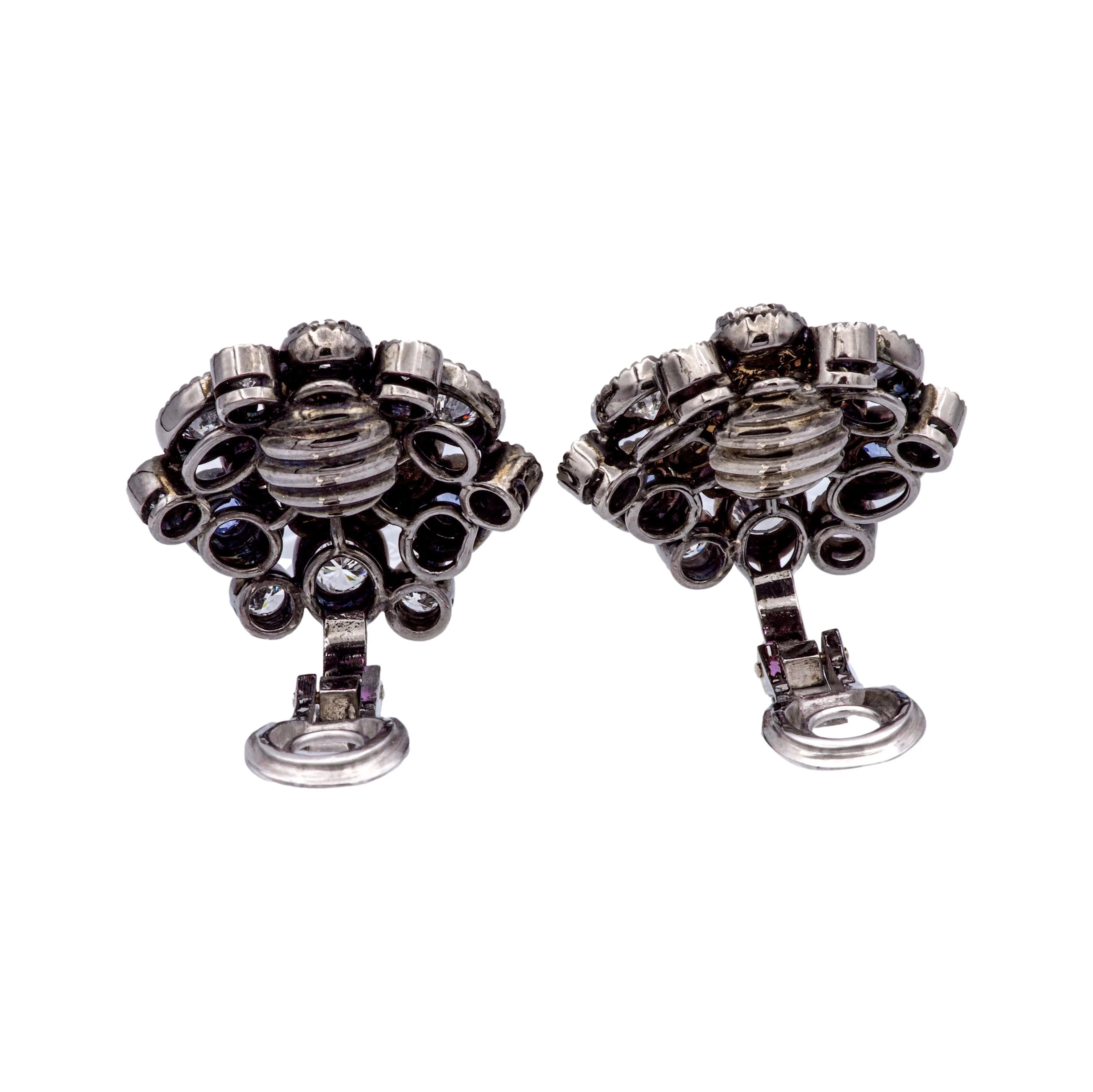 18K Gold Cluster Earrings w/ Pink & Blue Sapphires and Diamonds in Black Rhodium
