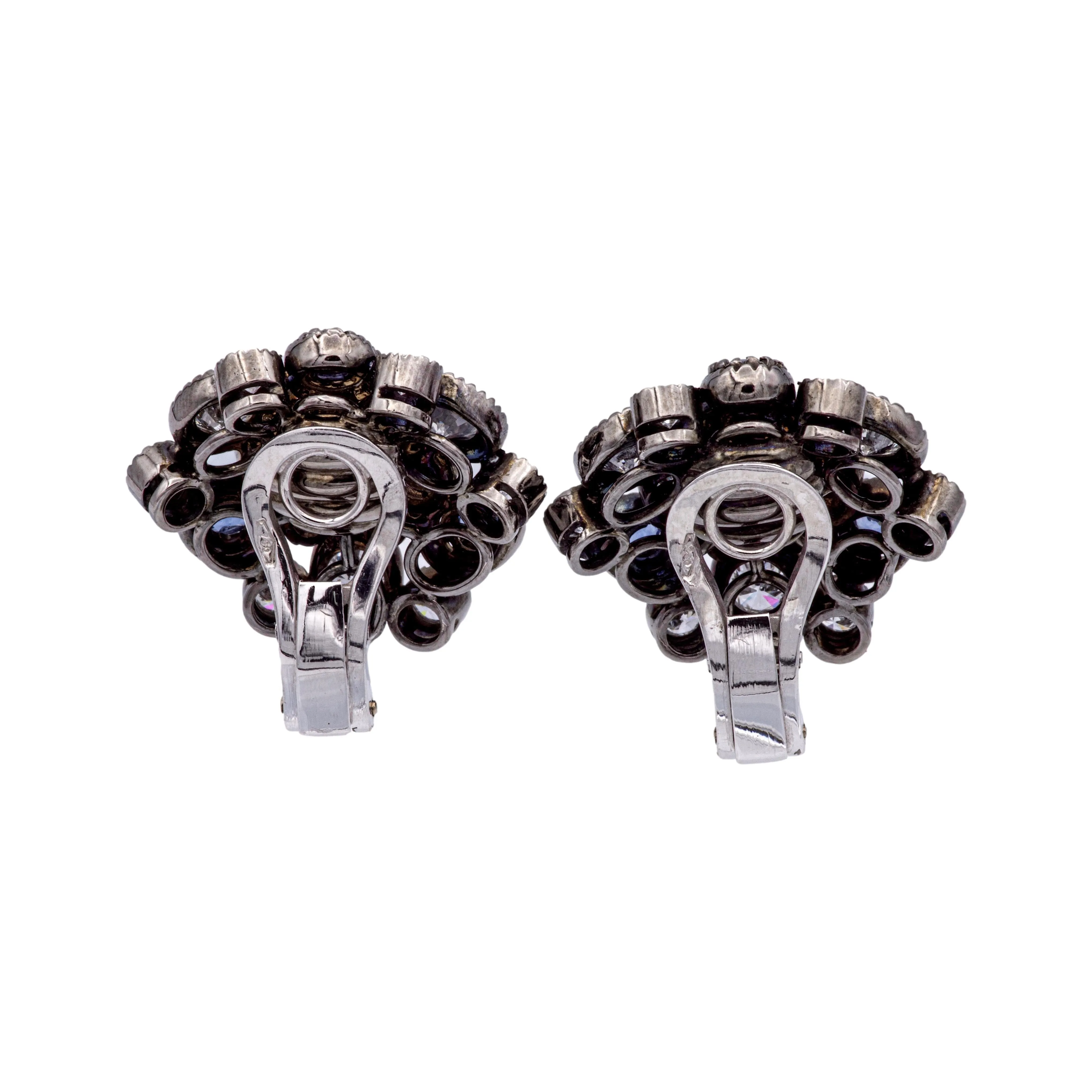 18K Gold Cluster Earrings w/ Pink & Blue Sapphires and Diamonds in Black Rhodium