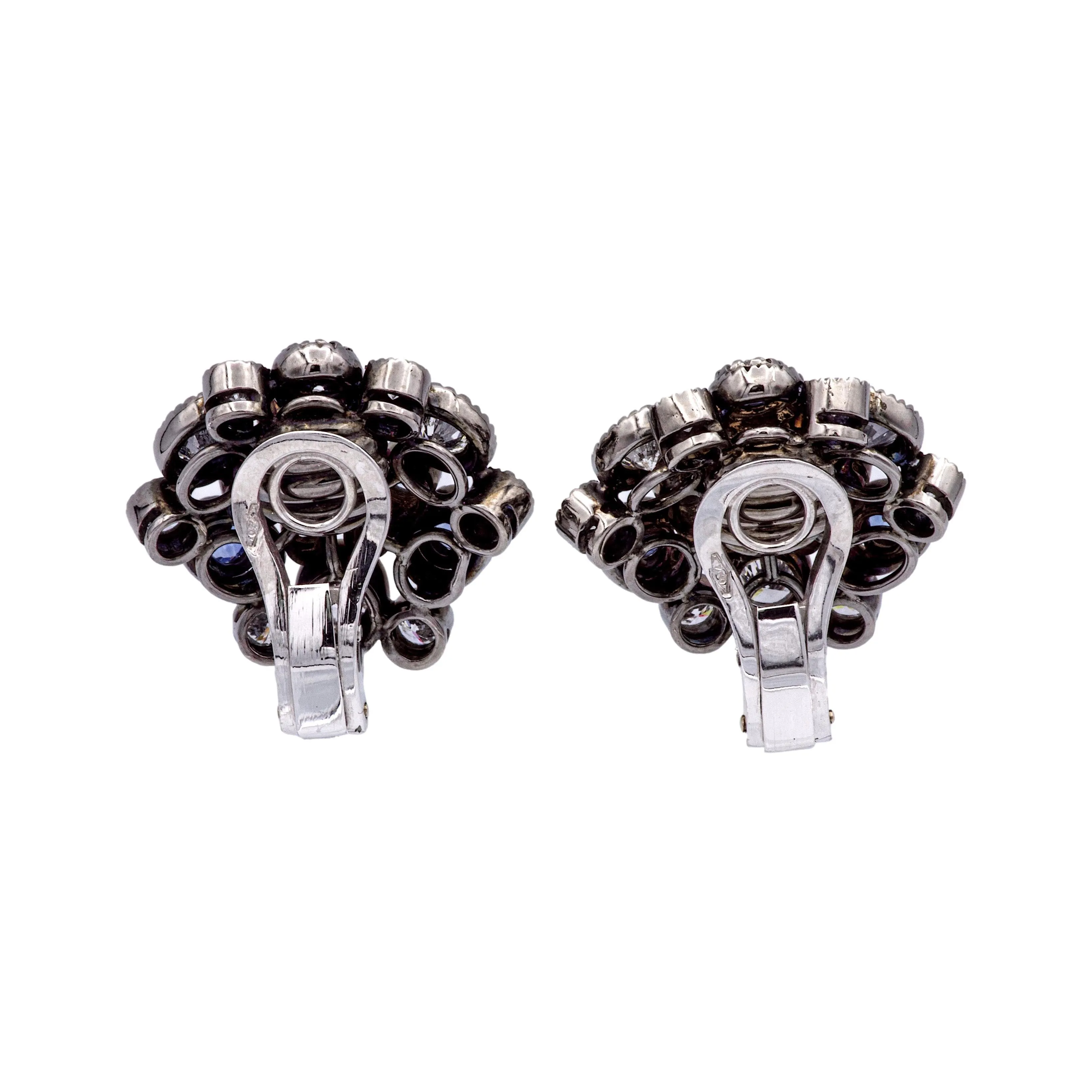 18K Gold Cluster Earrings w/ Pink & Blue Sapphires and Diamonds in Black Rhodium