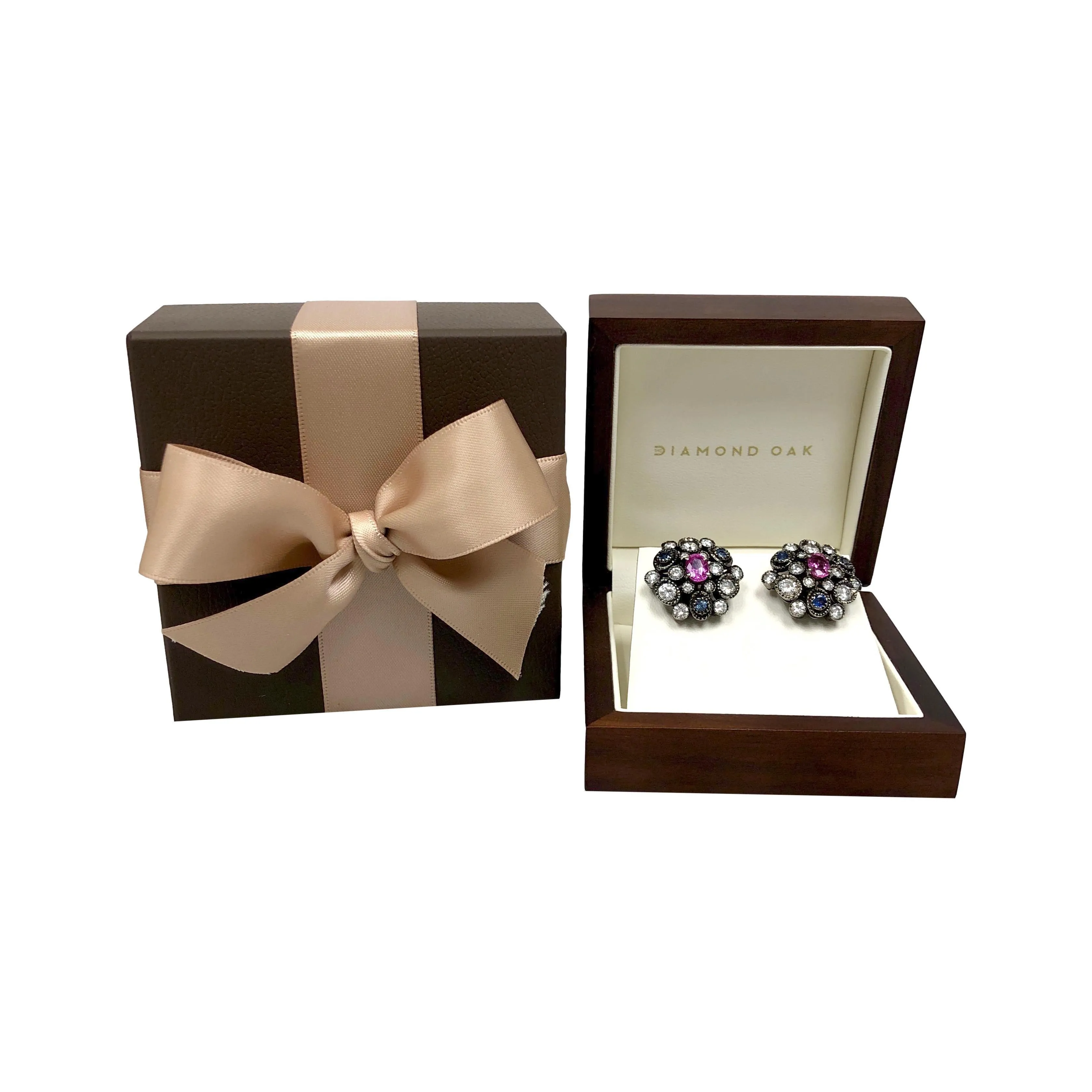 18K Gold Cluster Earrings w/ Pink & Blue Sapphires and Diamonds in Black Rhodium