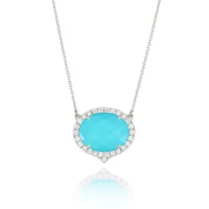 18K WHITE GOLD DIAMOND NECKLACE WITH CLEAR QUARTZ OVER TURQUOISE