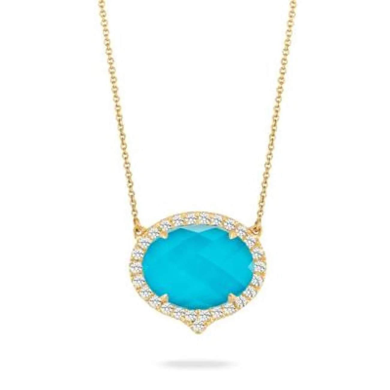 18K YELLOW GOLD DIAMOND NECKLACE WITH CLEAR QUARTZ OVER TURQUOISE