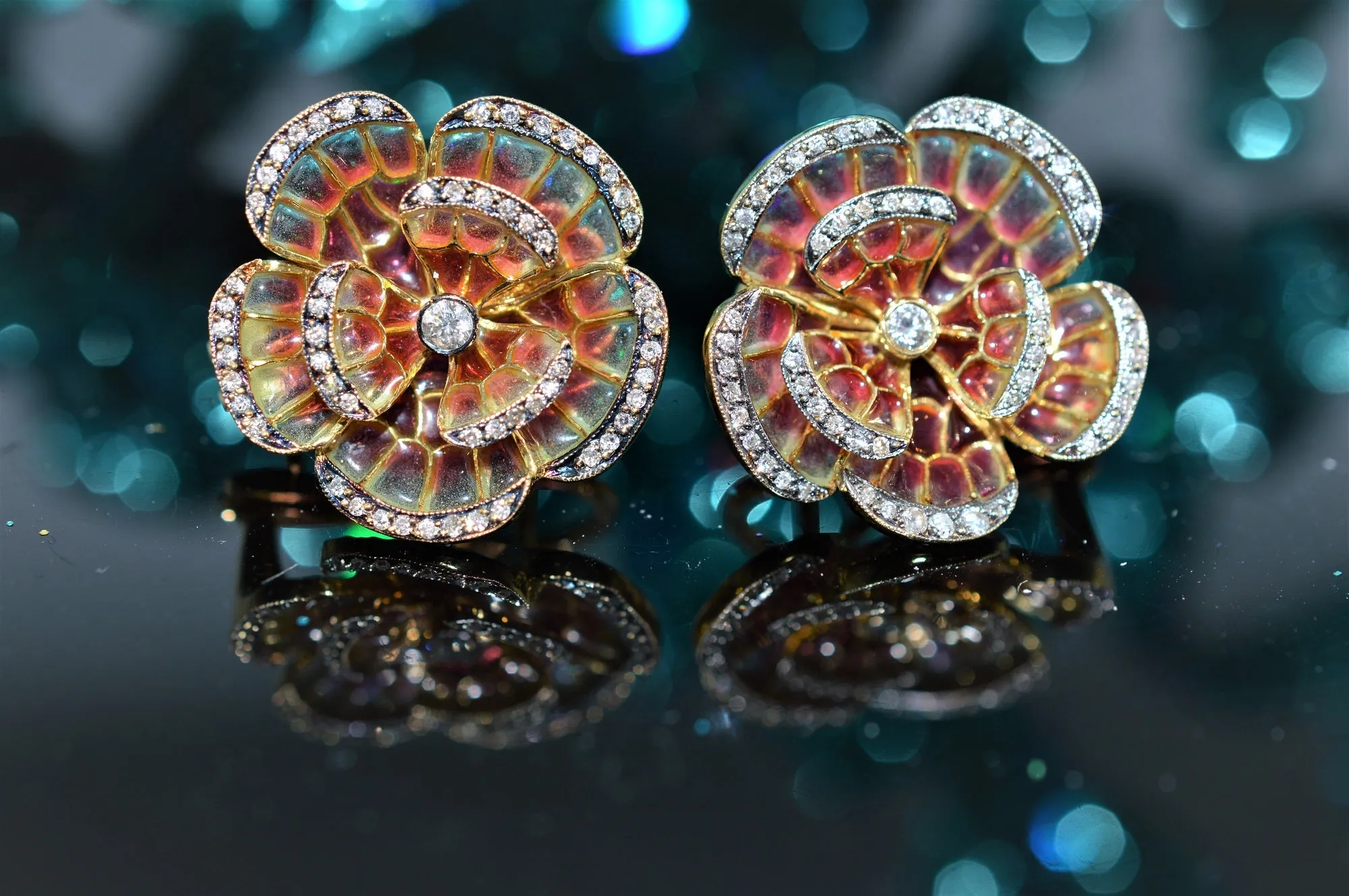 18K Yellow Gold Plique-A-Jour Flower Diamond Earrings