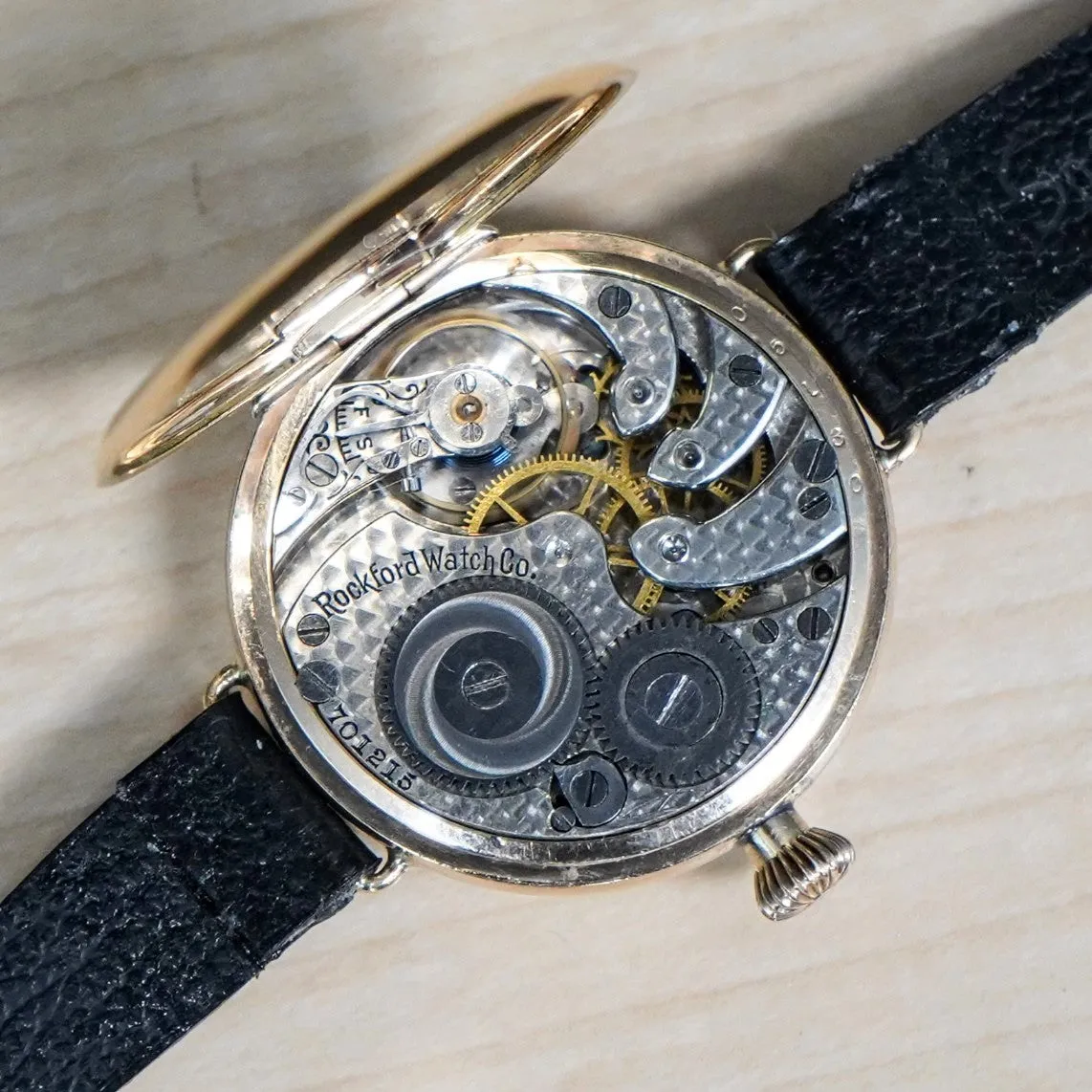 1907 ROCKFORD Trench Watch 0s Grade 180 7 Jewels 14K G.F. Case w/Diamond - RARE