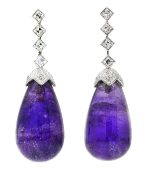 1930's Art Deco Amethyst Diamond Platinum Drop Earrings