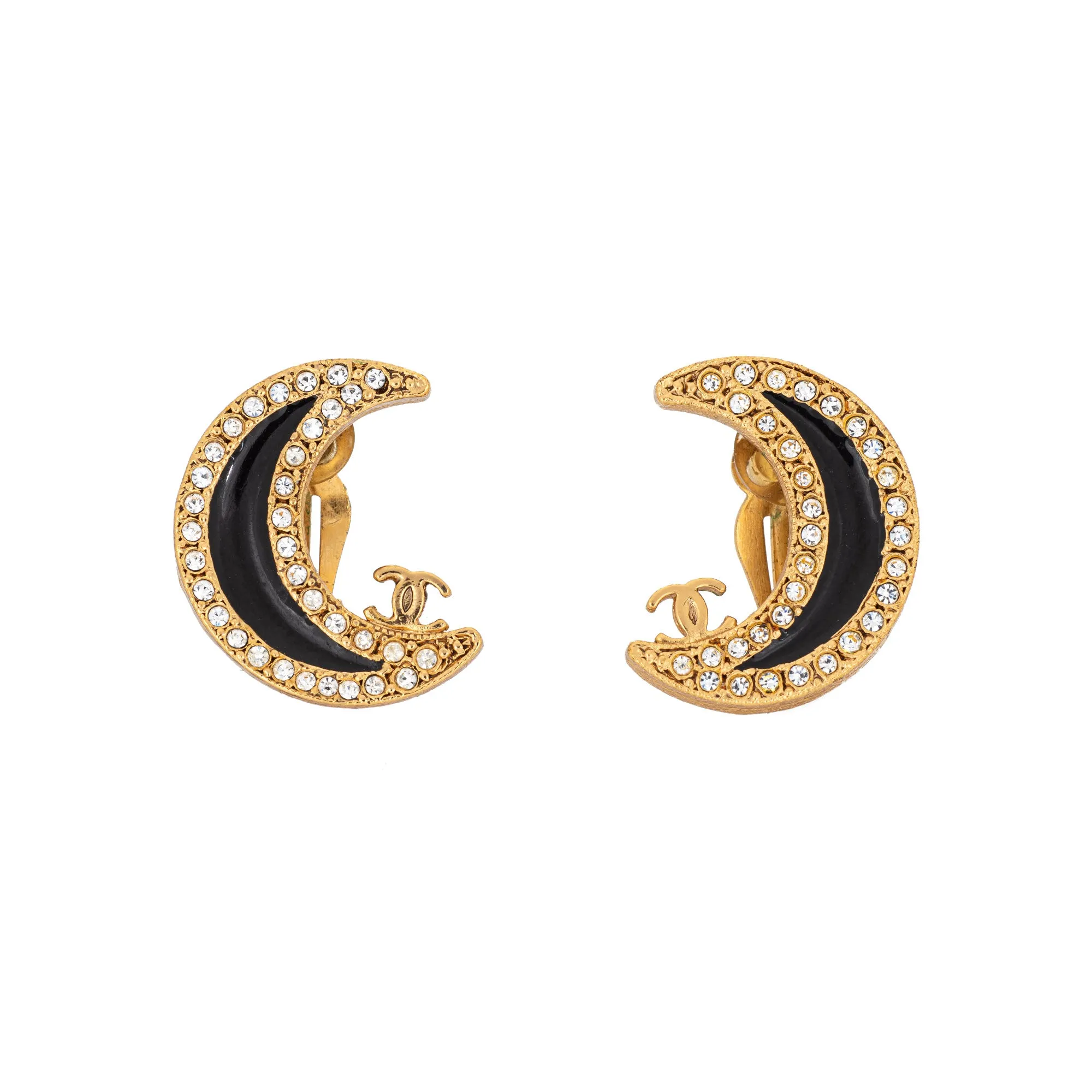2001 Vintage Chanel Crescent Moon Earrings Crystal Clip On Yellow Gold Tone