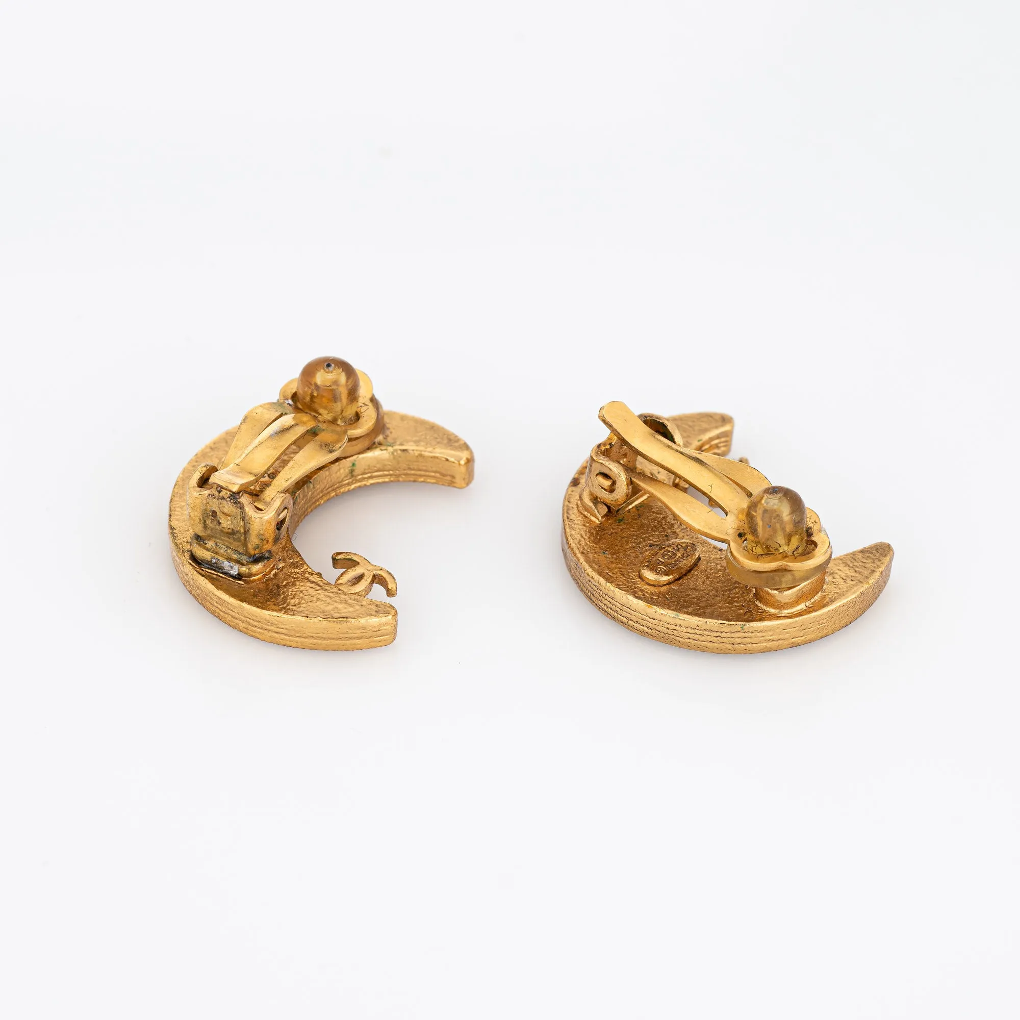 2001 Vintage Chanel Crescent Moon Earrings Crystal Clip On Yellow Gold Tone