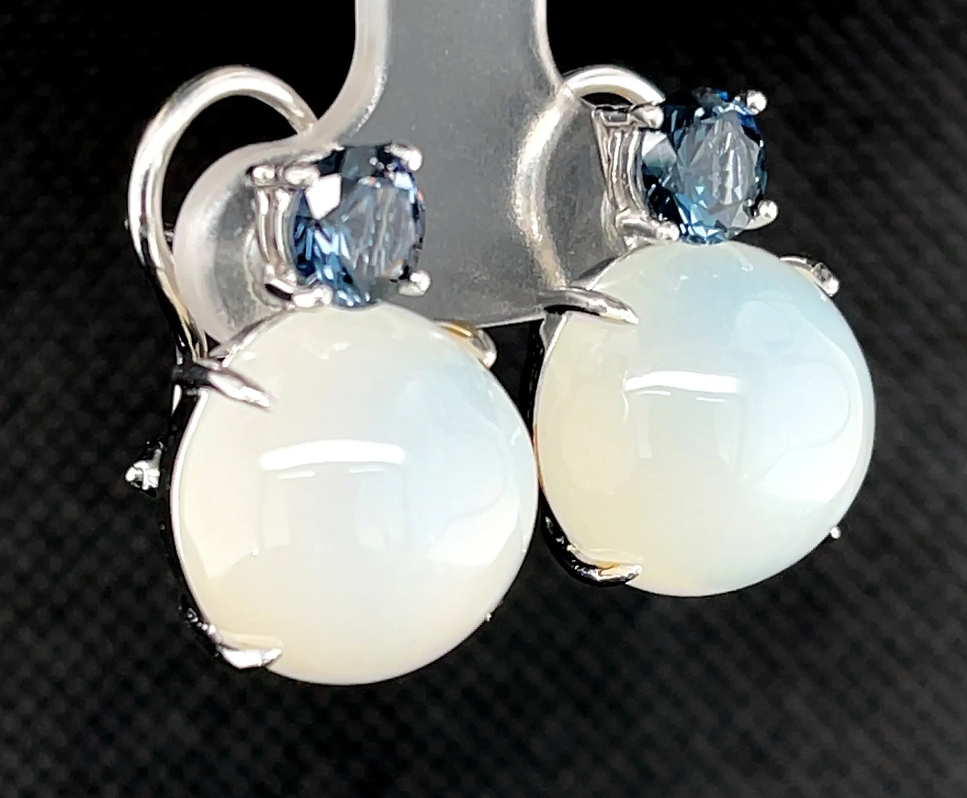 23.47 ct. t.w. Moonstone, Blue Spinel 18k White Gold French Clip Drop Earrings