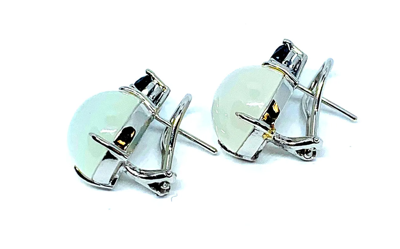 23.47 ct. t.w. Moonstone, Blue Spinel 18k White Gold French Clip Drop Earrings