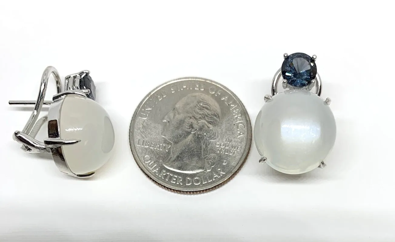 23.47 ct. t.w. Moonstone, Blue Spinel 18k White Gold French Clip Drop Earrings