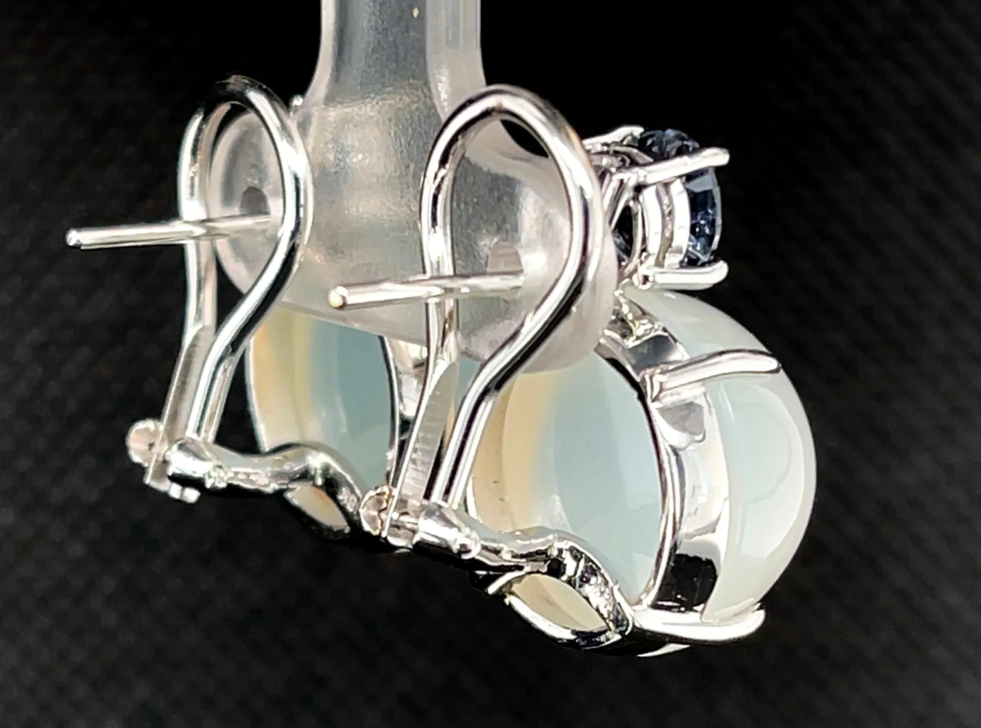 23.47 ct. t.w. Moonstone, Blue Spinel 18k White Gold French Clip Drop Earrings