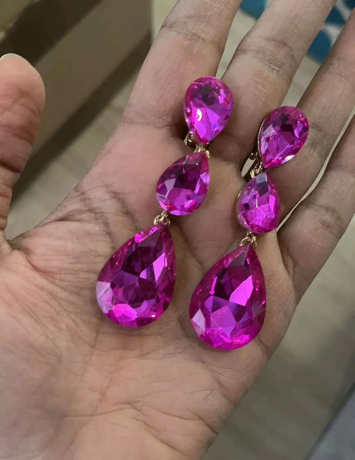 3 inch clip on fuchsia hot pink gold rhinestone crystal teardrop earrings pageant