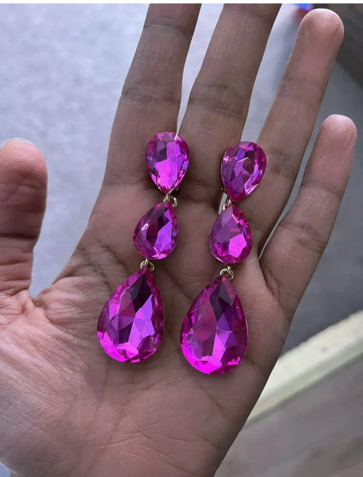 3 inch clip on fuchsia hot pink gold rhinestone crystal teardrop earrings pageant
