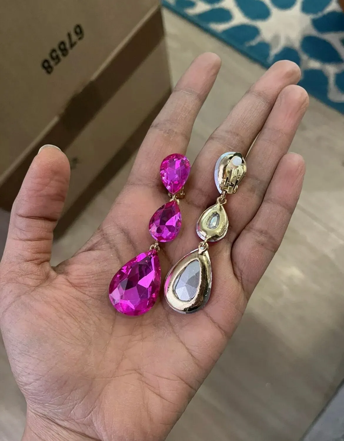 3 inch clip on fuchsia hot pink gold rhinestone crystal teardrop earrings pageant