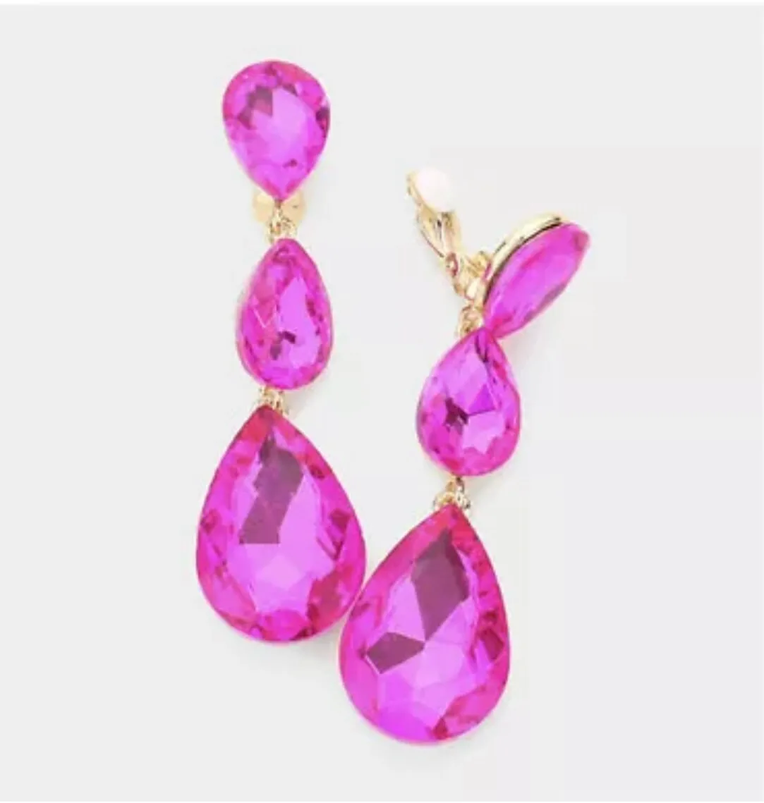3 inch clip on fuchsia hot pink gold rhinestone crystal teardrop earrings pageant
