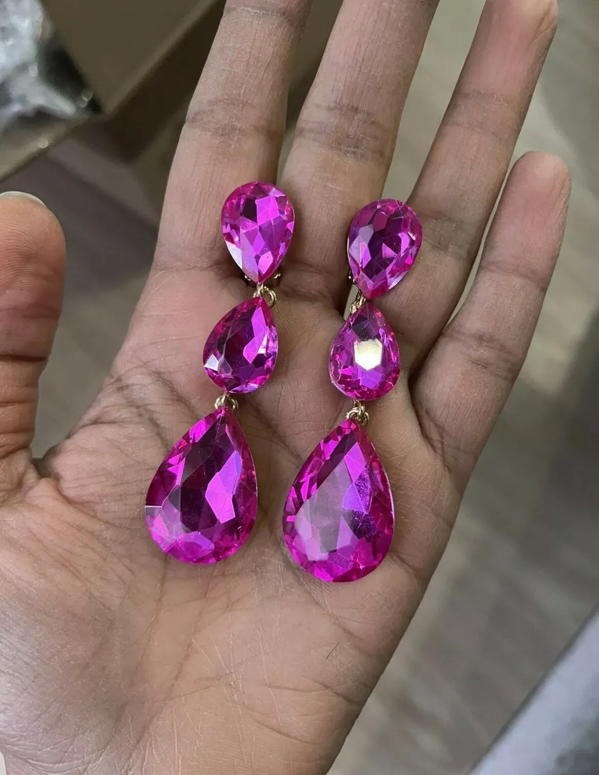 3 inch clip on fuchsia hot pink gold rhinestone crystal teardrop earrings pageant