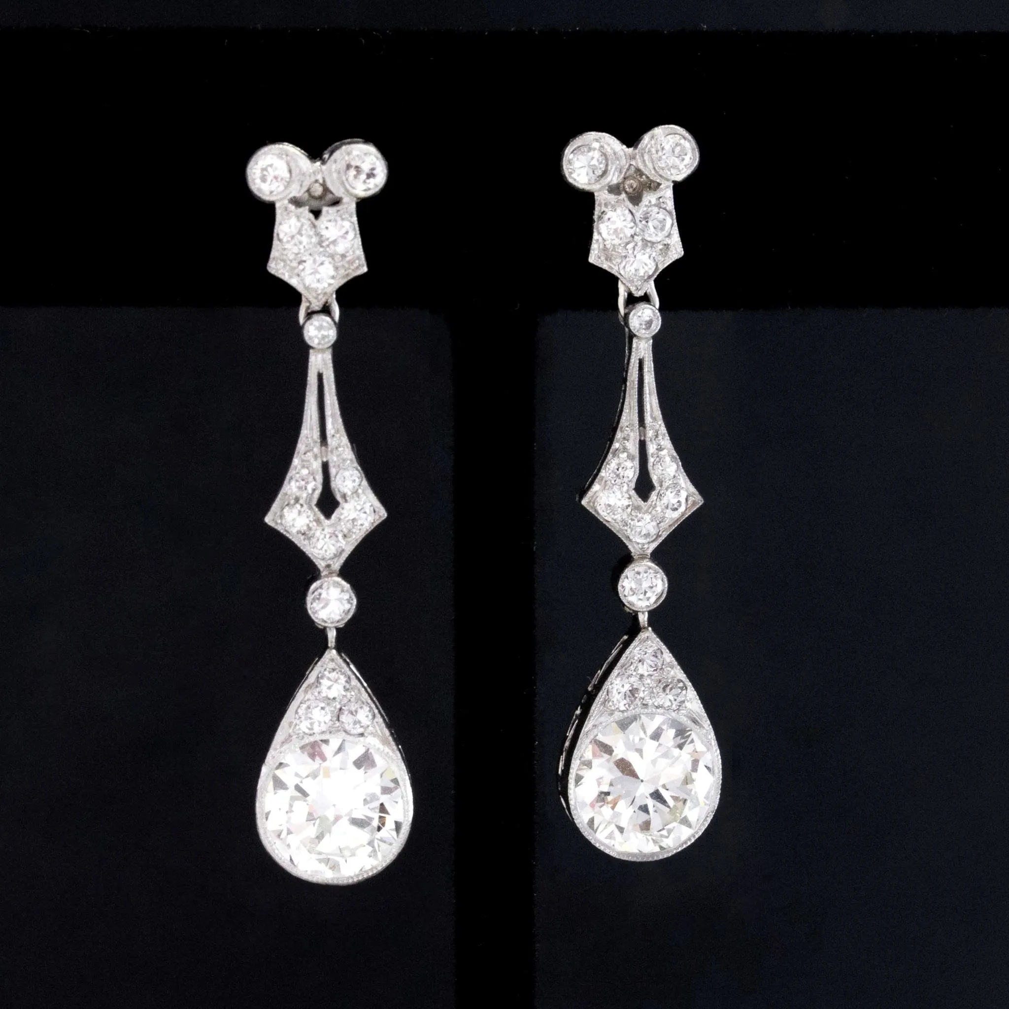 3.53ctw Art Deco Old European Cut Diamond Drop Earrings