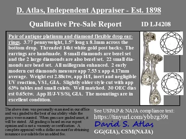 3.53ctw Art Deco Old European Cut Diamond Drop Earrings